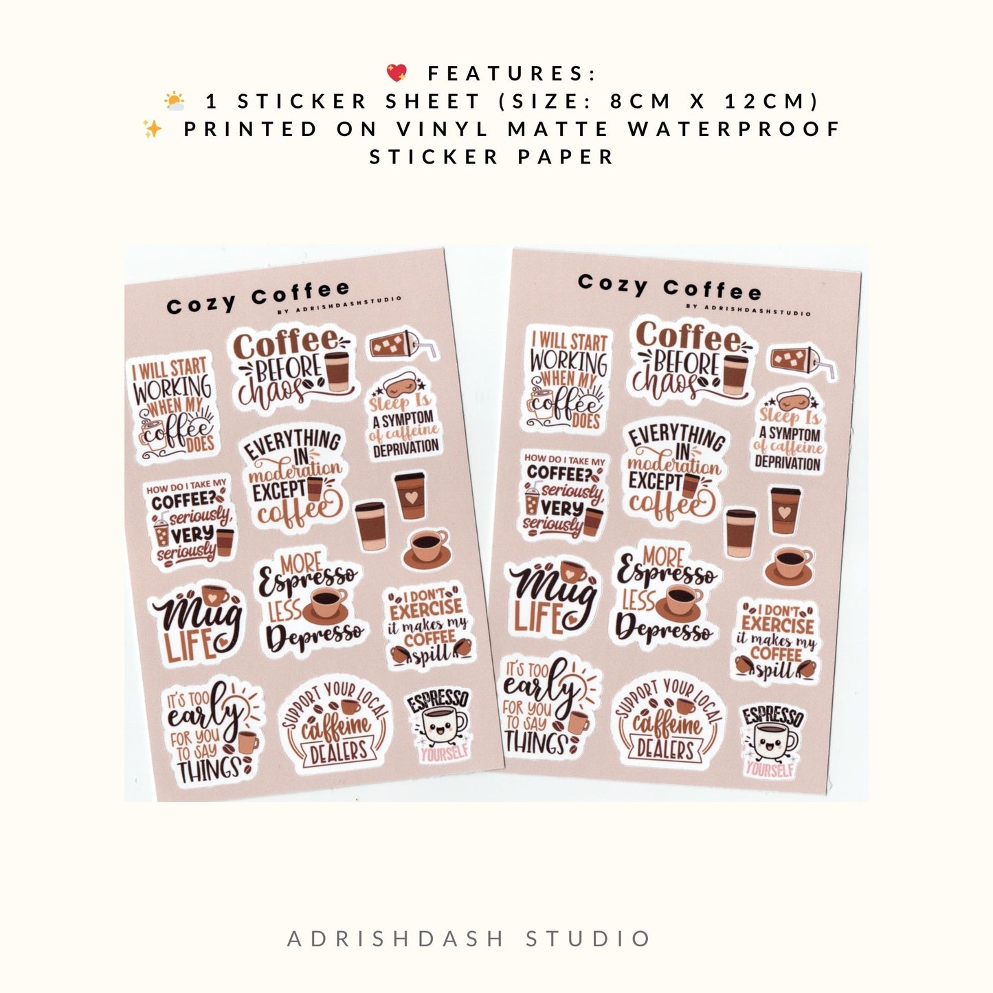Cozy Coffee Sticker Sheet Cute Cafe Aesthetic Stickers for Journal, Planner, Scrapbooking | AdrishDashStudio
