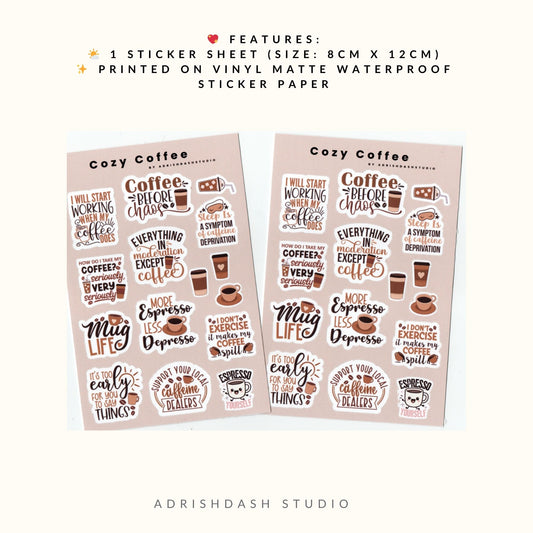 Cozy Coffee Sticker Sheet Cute Cafe Aesthetic Stickers for Journal, Planner, Scrapbooking | AdrishDashStudio
